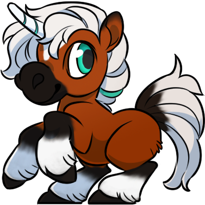 Unico with vibrant brown body, dark mouth and hooves, white mane and horn, and green eyes.